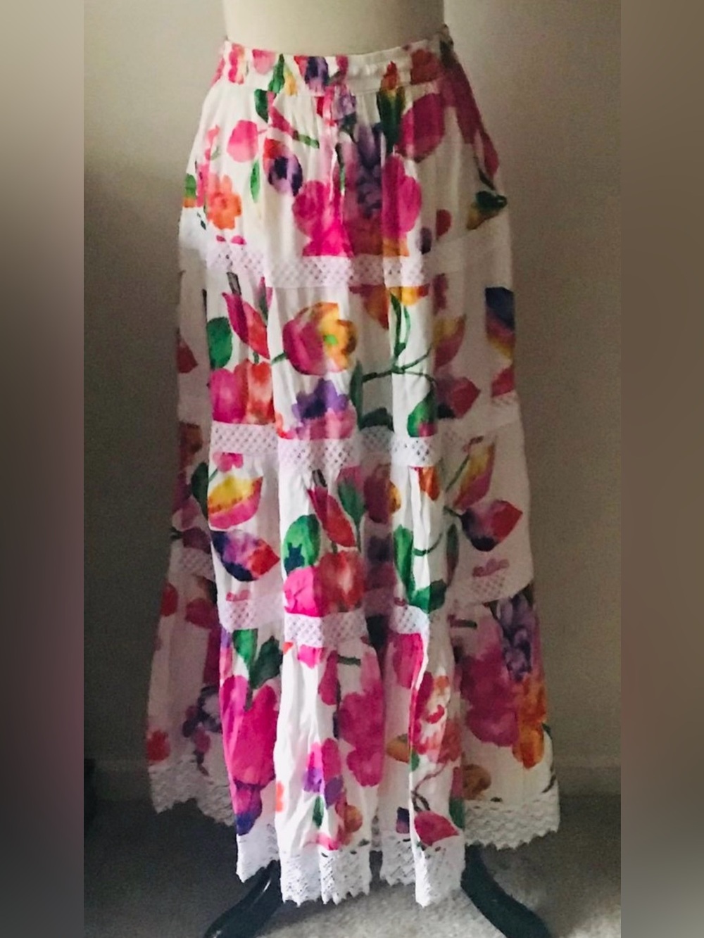 Maju Floral Tiered Maxi Skirt Lace Trim Boho Size L